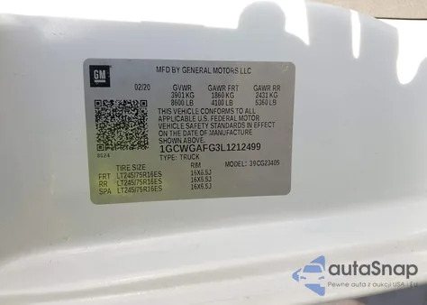 2020 Chevrolet Express Cargo Rwd 2500 Regular Wheelbase Wt z USA, uszkodzony, nr VIN 1GCWGAFG3L1212499